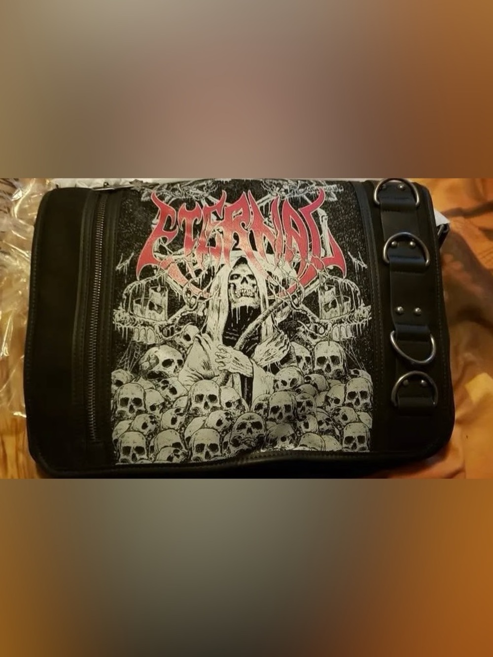 Bullet Strap Black Graphic Skull Messenger Bag with Red Accent